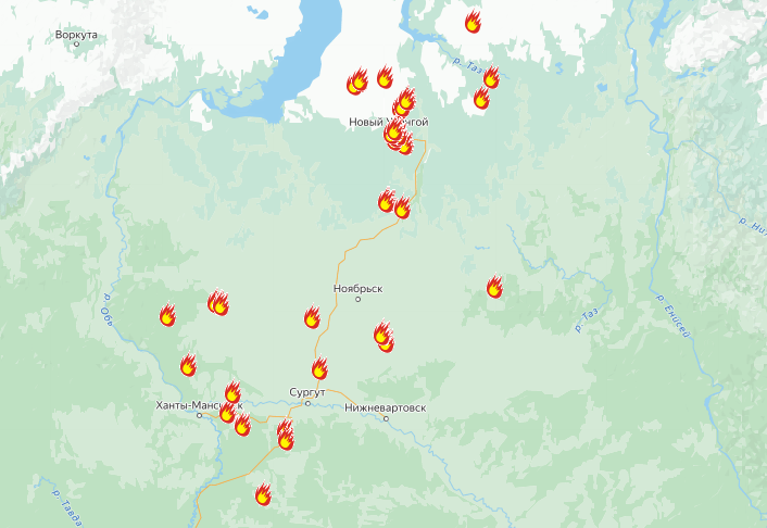 Югорск и Сургут на карте. Охраняемые территории в Юноске.